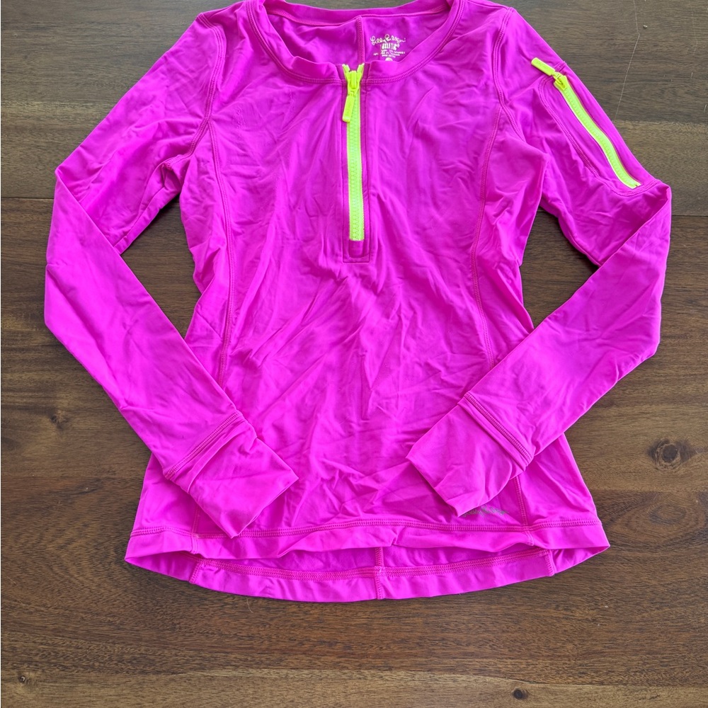 Lilly Pulitzer Hot Pink Long Sleeve Athletic Top with Neon Yellow Zipper